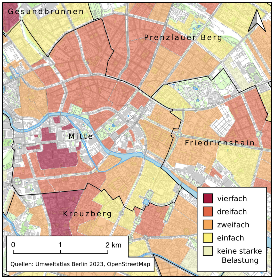 Karte von Berlin, in der die Zonen mit größerer Umweltbelastung hervorgehoben sind. Die höchste Belastung gibt es in Berlin Mitte und Kreuzberg.